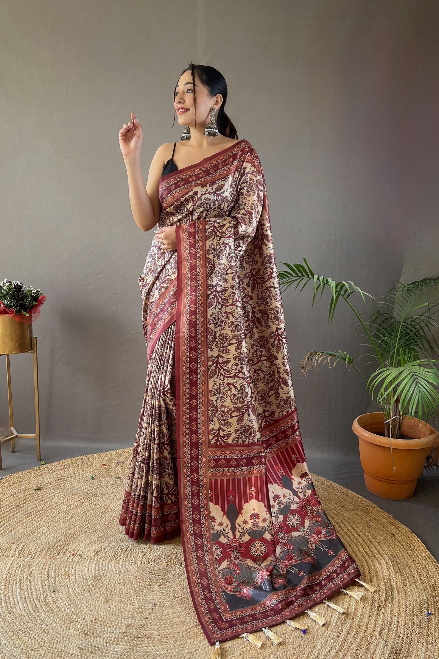 Cream Digital Printed Silk Saree