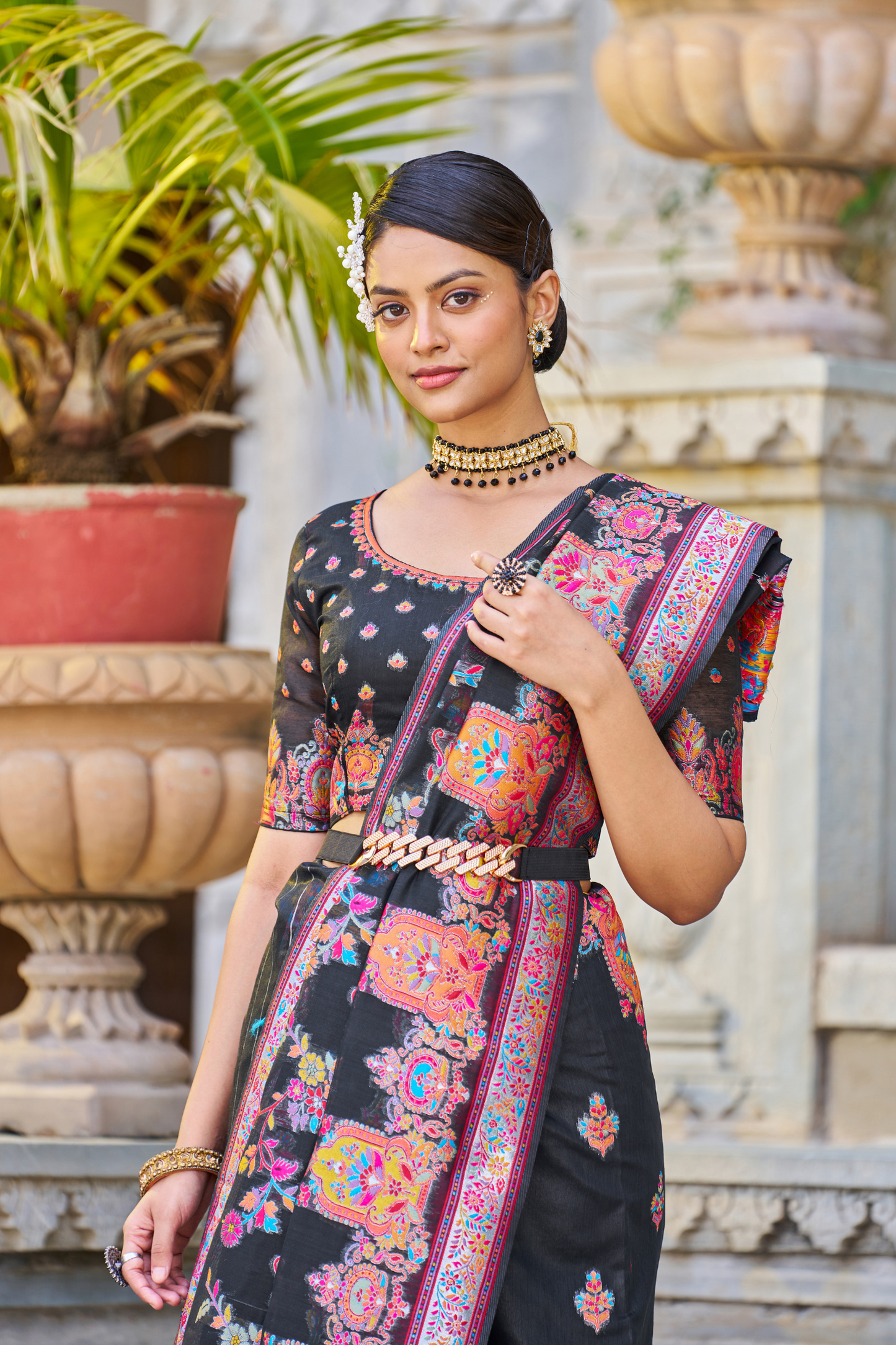 Black Cotton Pashmina Silk Saree with Floral Design