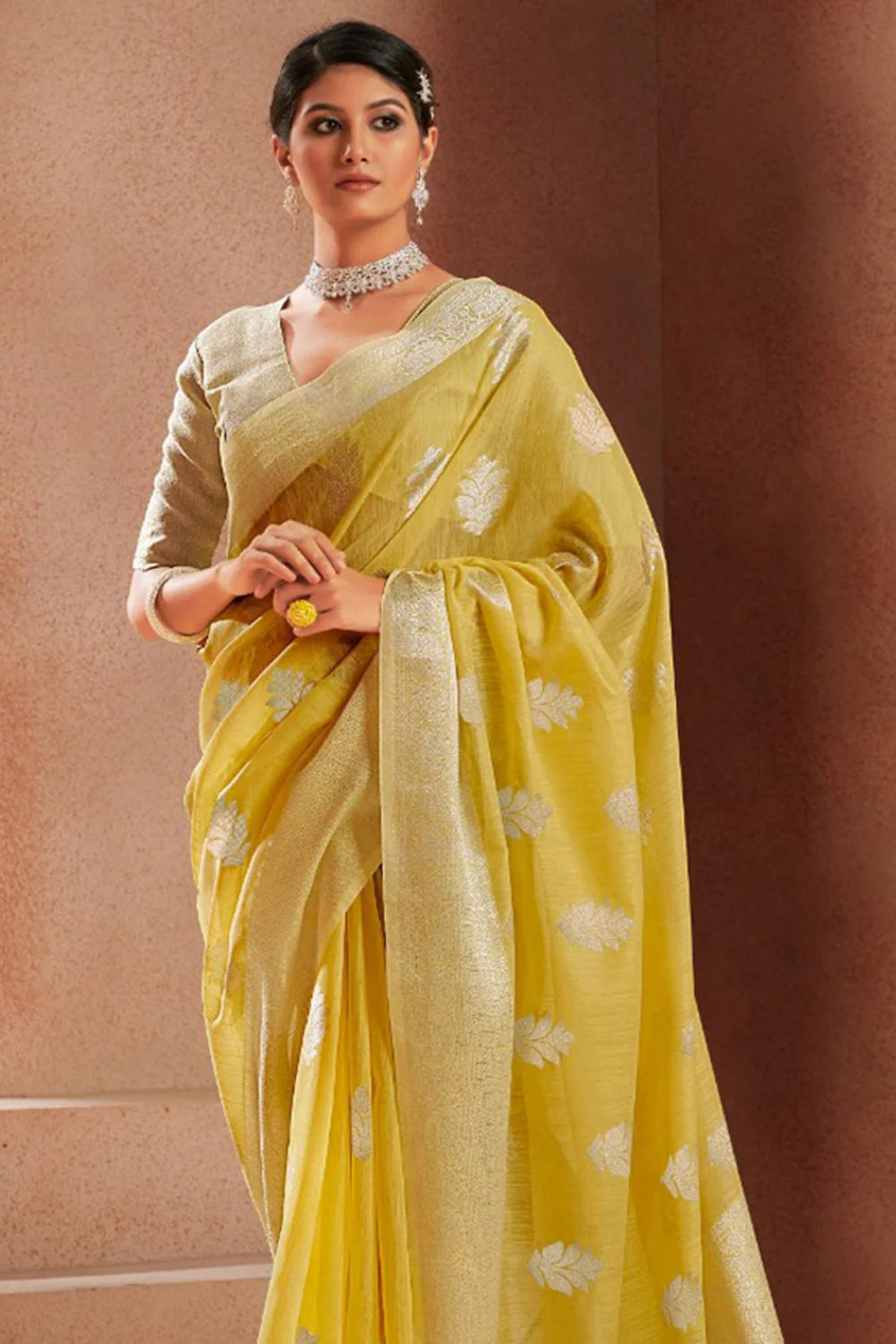 Yellow Linen Silk with Silver Zari Weaving Border