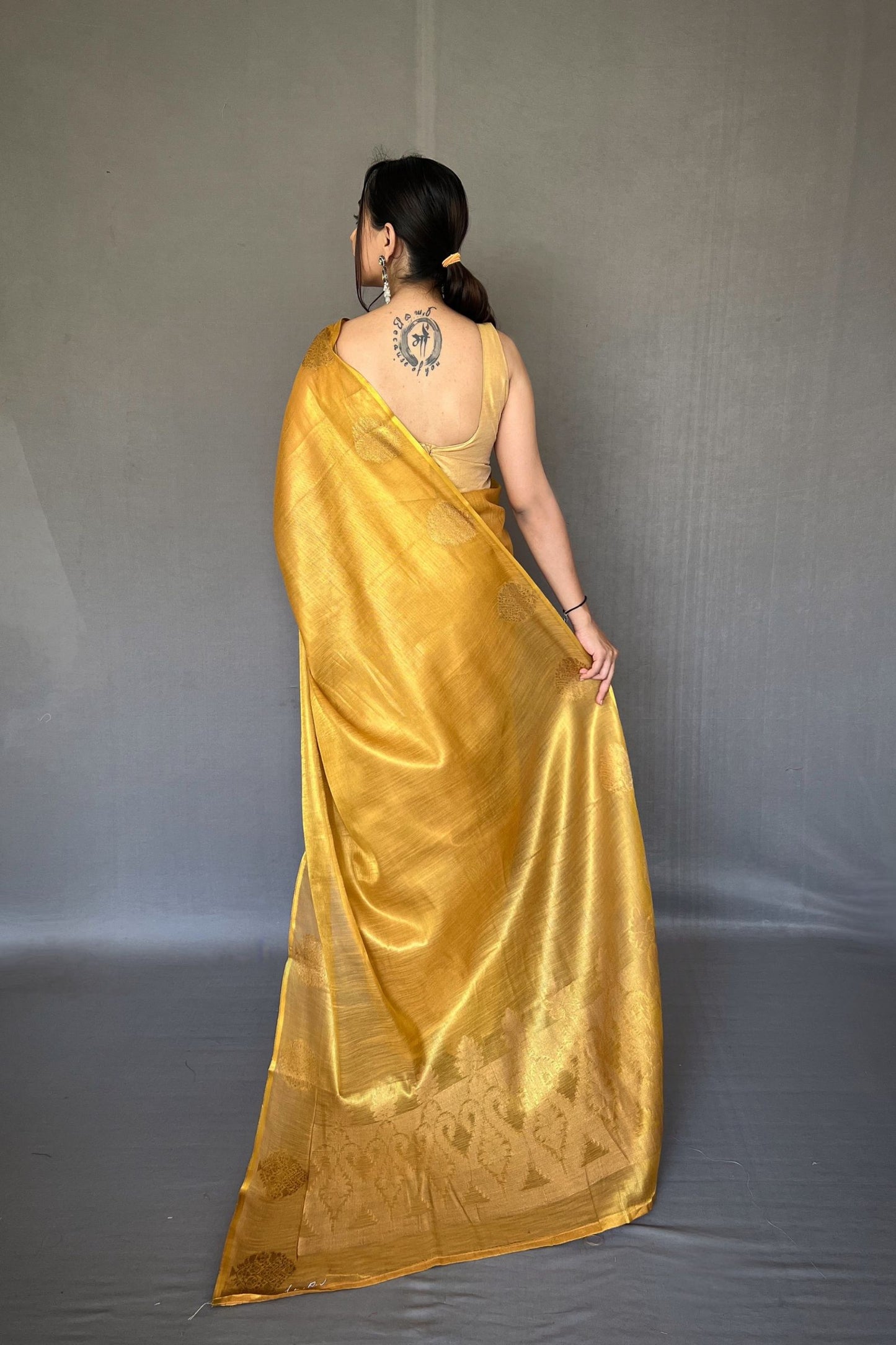 Golden Yellow Jacquard Woven Tissue Silk Saree