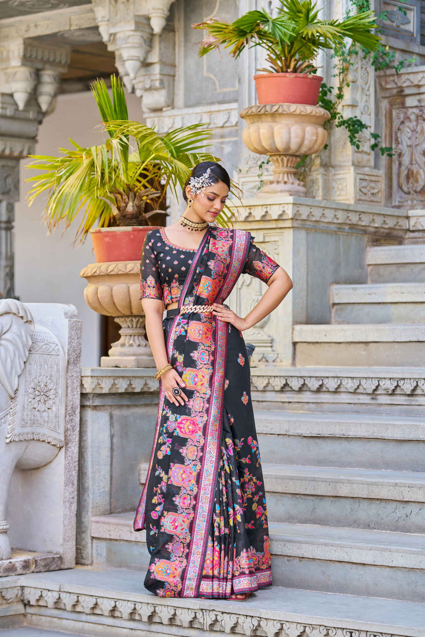 Black Cotton Pashmina Silk Saree with Floral Design