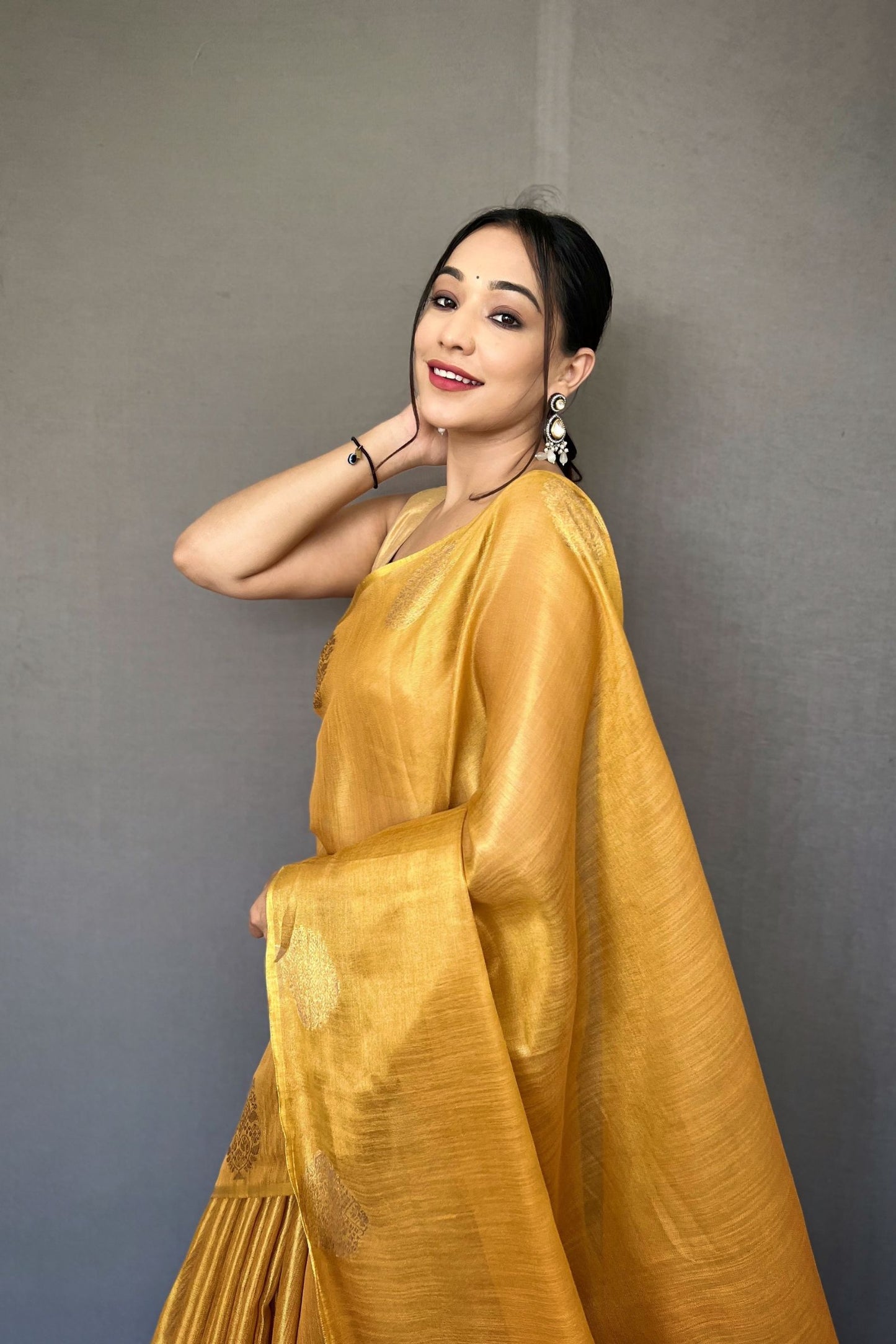 Golden Yellow Jacquard Woven Tissue Silk Saree