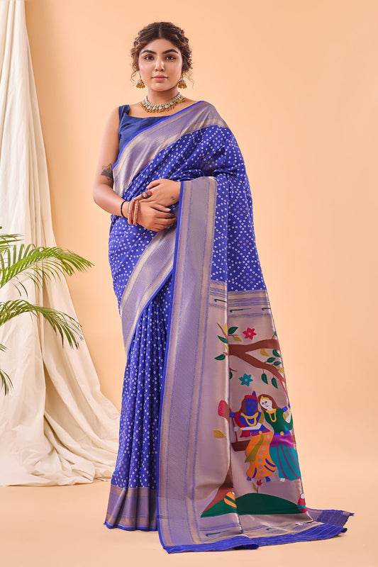 Royal Blue Bandhani Weaving Paithani Silk Saree