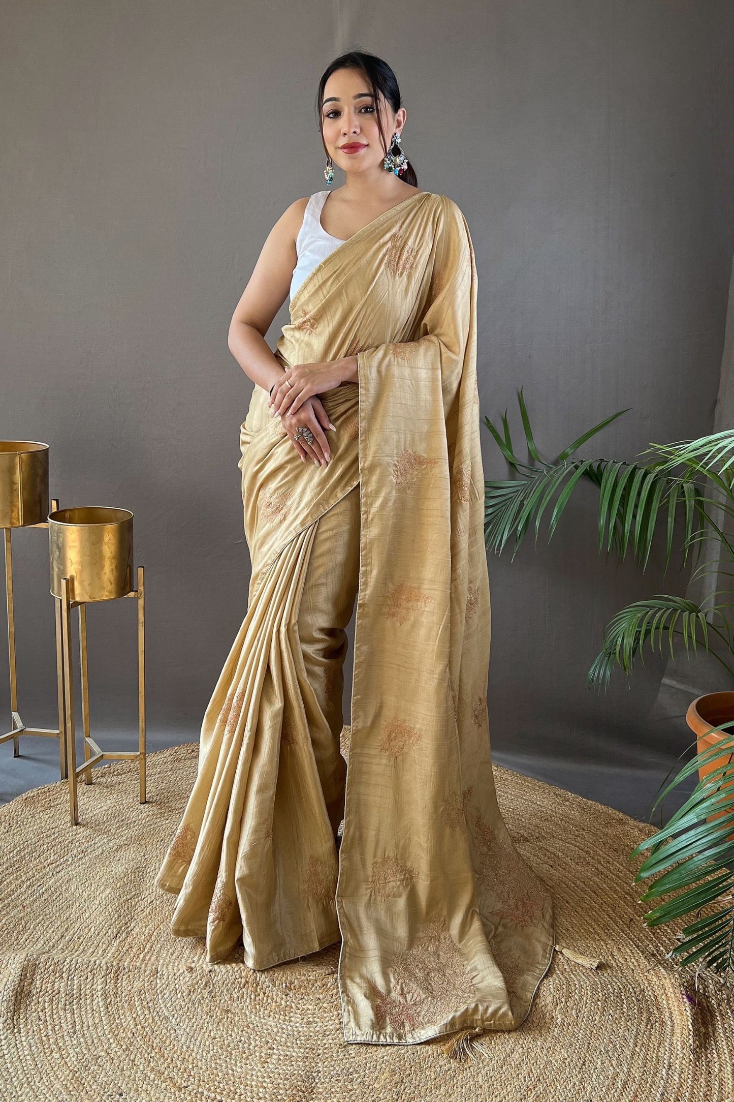 Golden Embroidered Art Silk Saree