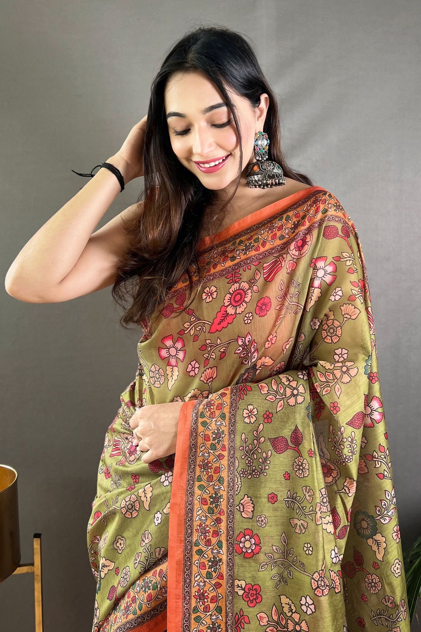 Mehndi Kalamkari Printed Malai Cotton Saree