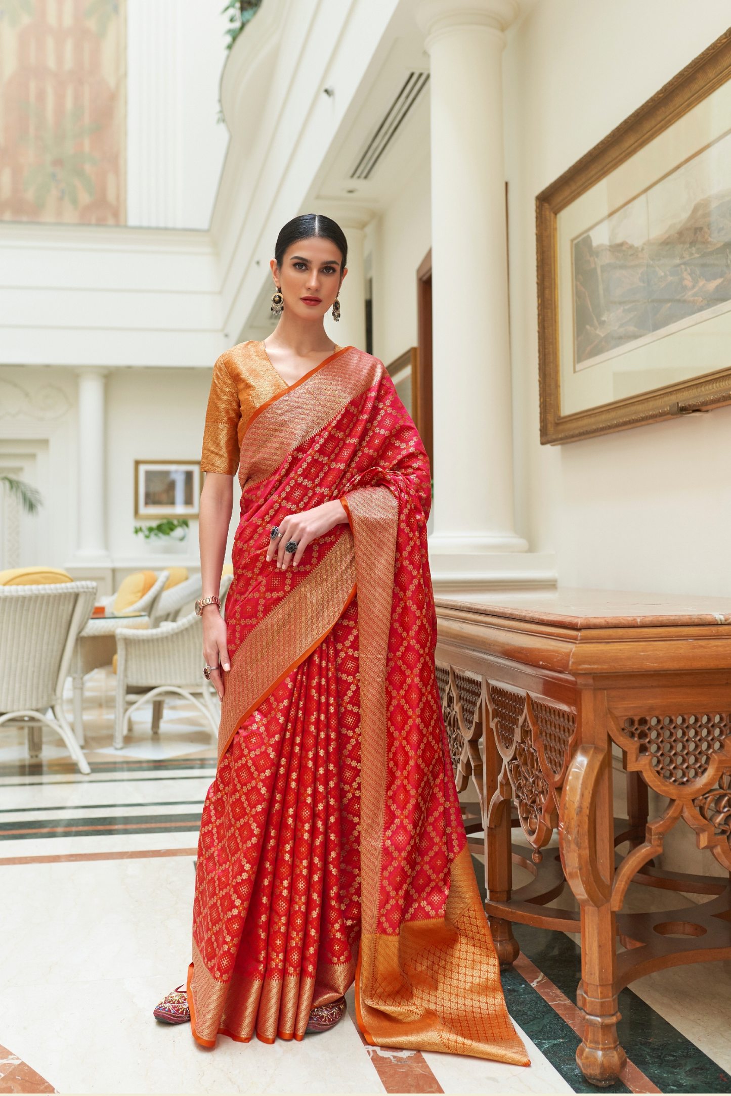 Crimson Red Exquisite Patola Silk Saree with Handloom Weaving