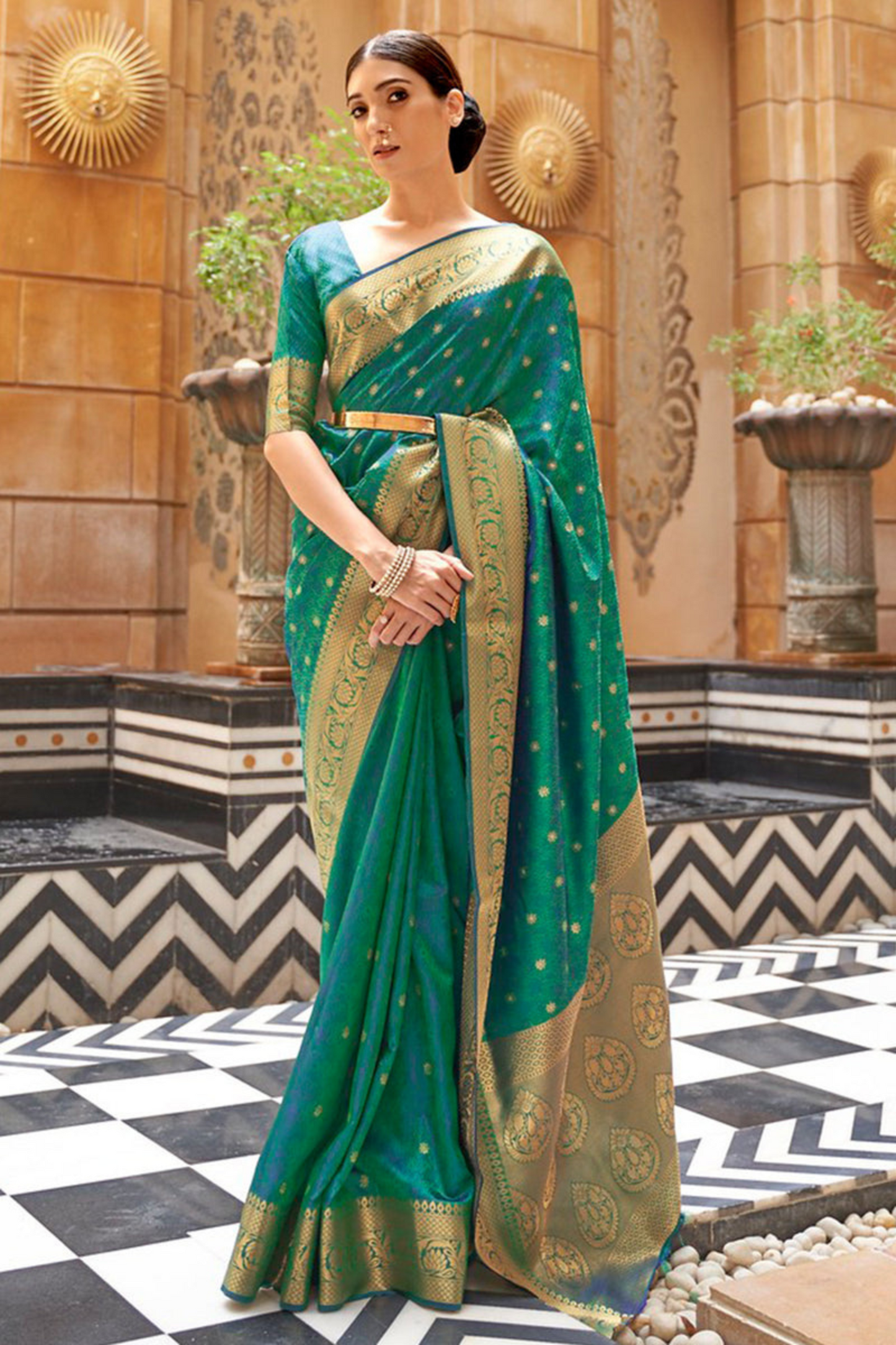 Peacock Green Pure Kanjivaram Soft Silk Saree with Zari Work