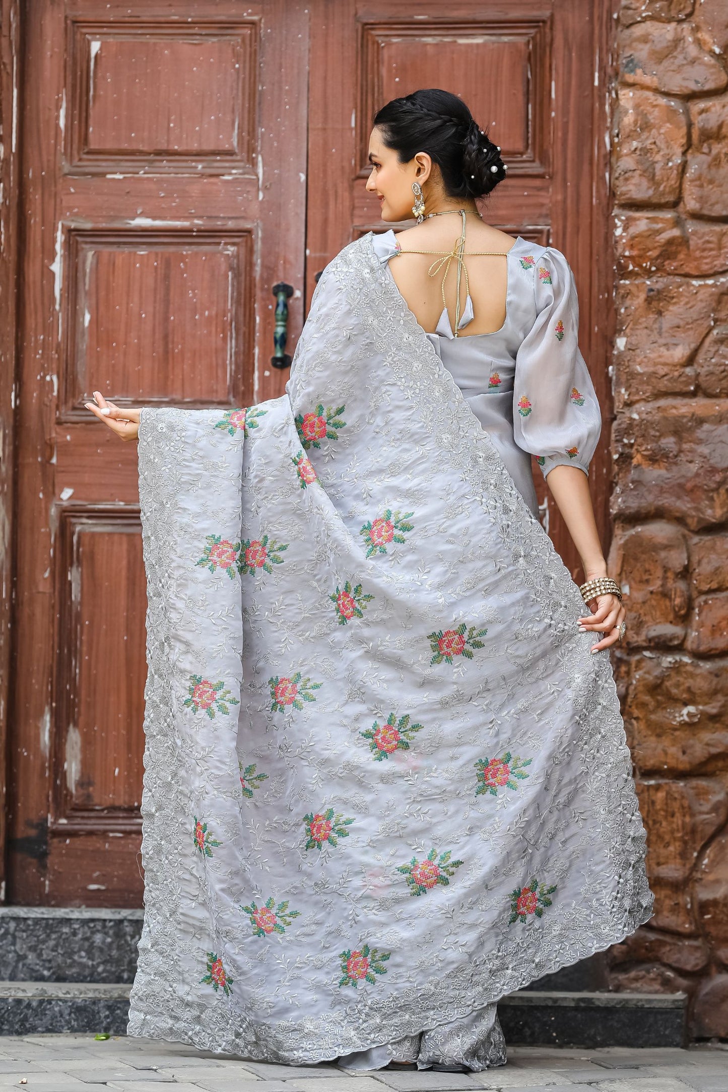 Grey Chiffon Saree with Cross-Stitch Embroidery