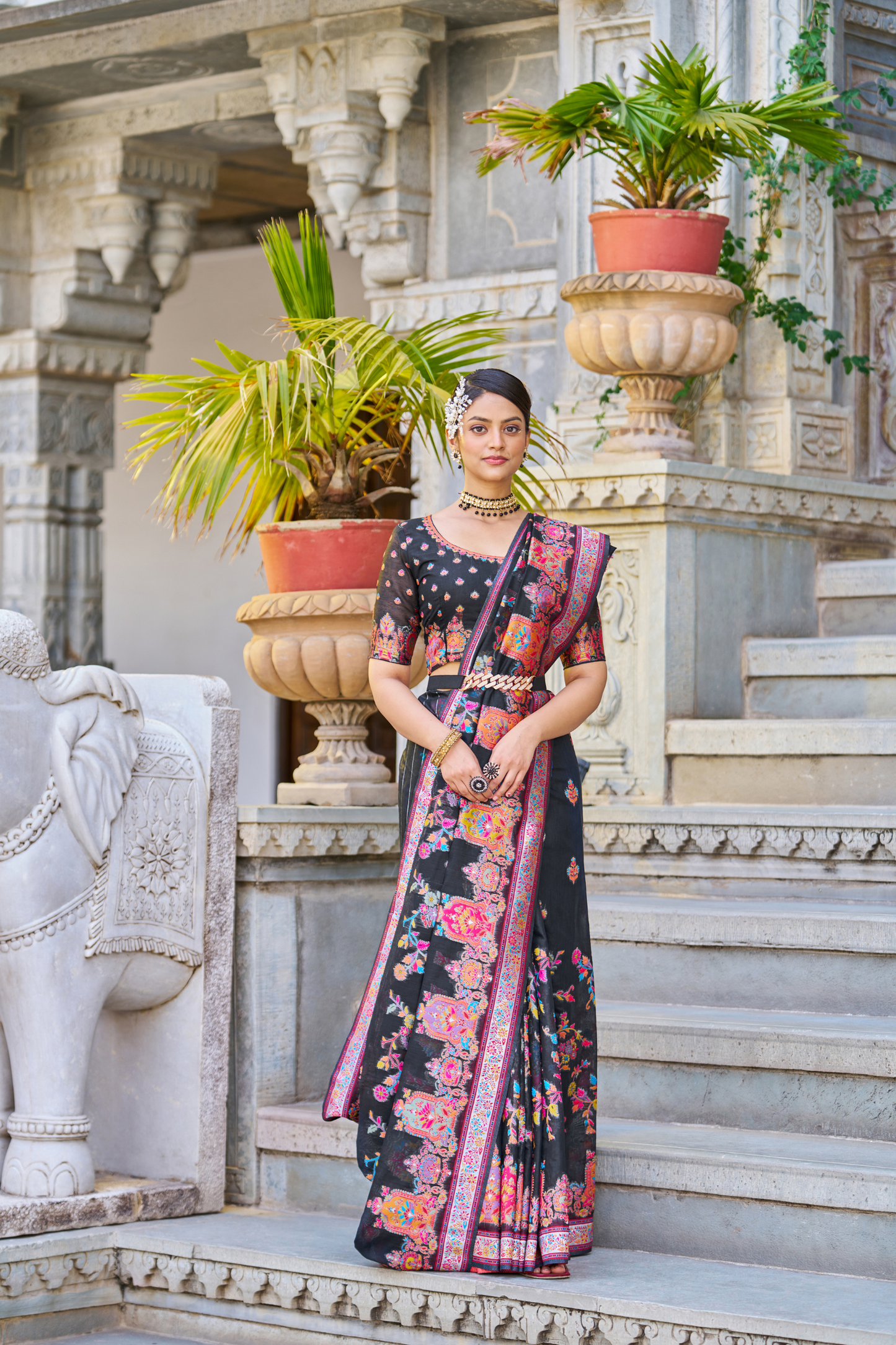 Black Cotton Pashmina Silk Saree with Floral Design