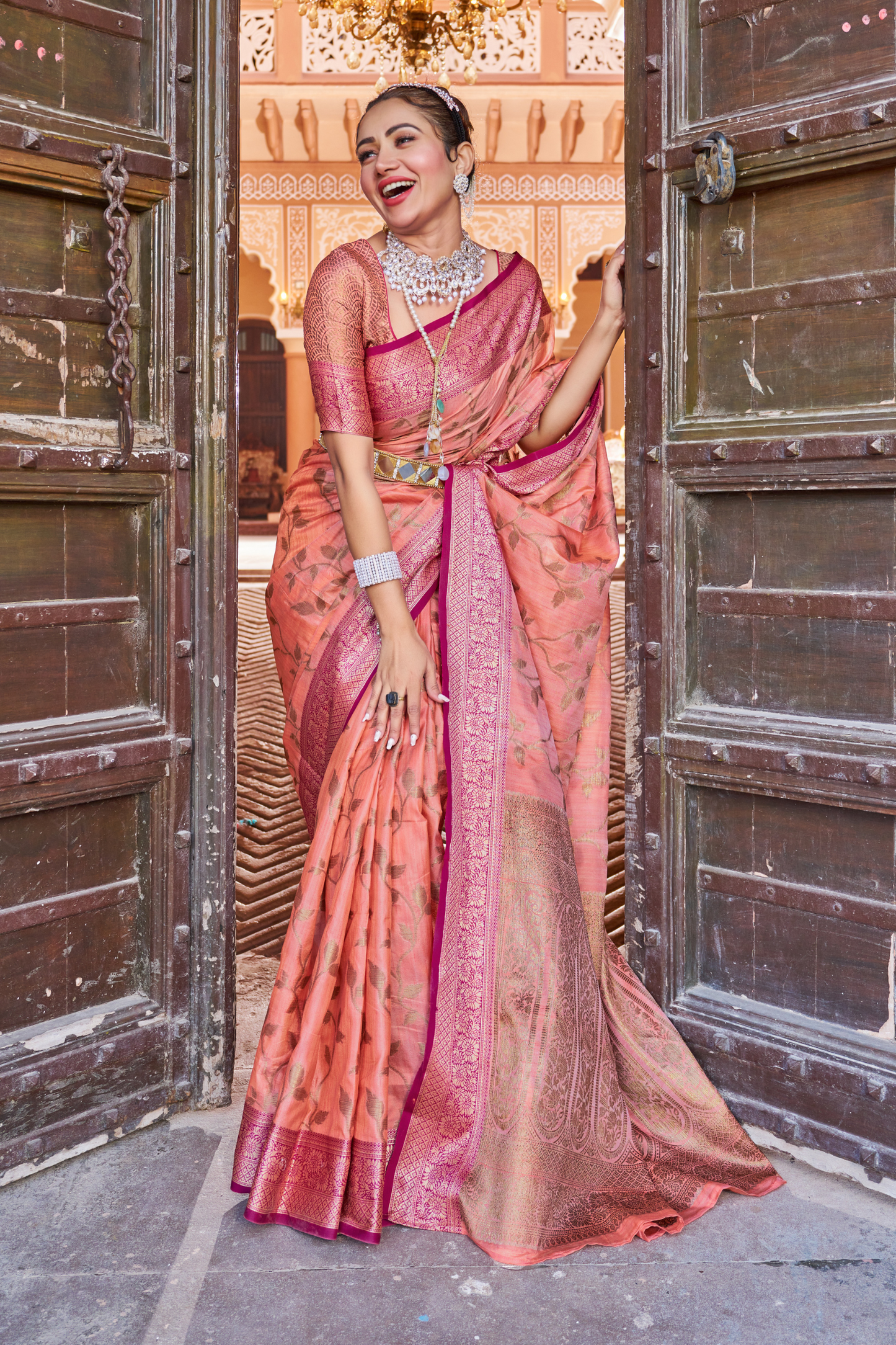 Peach Pink Banarasi Pure Satin Silk with Graceful Zari Work Border