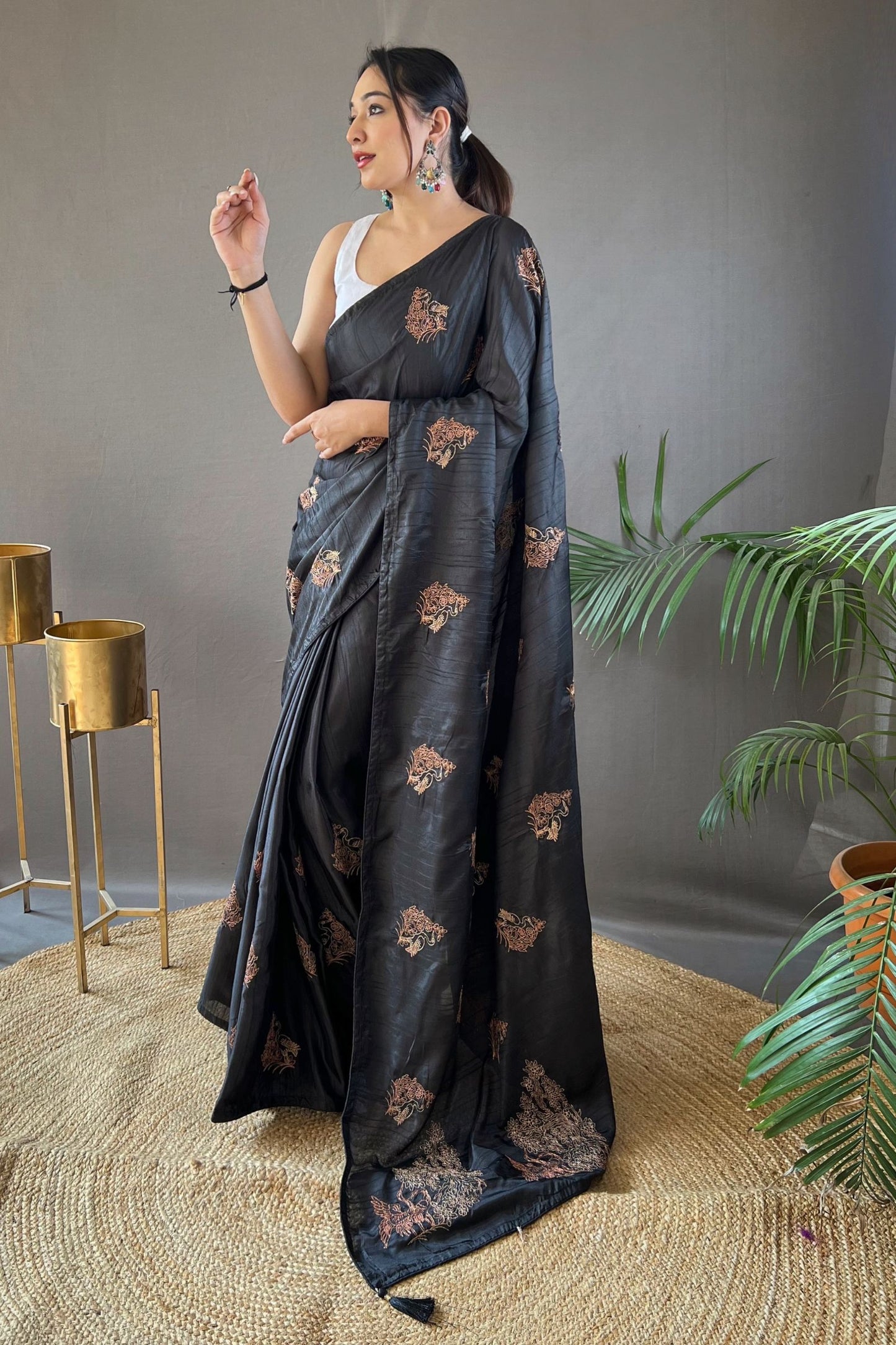 Black Embroidered Art Silk Saree