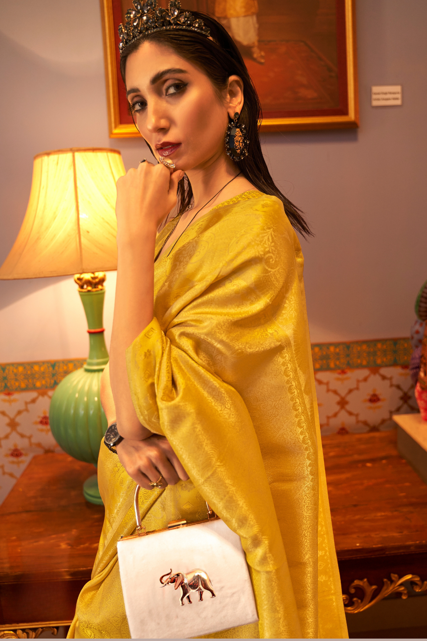 Trendy Yellow Kanjivaram Silk Saree with Satin Weaving Work