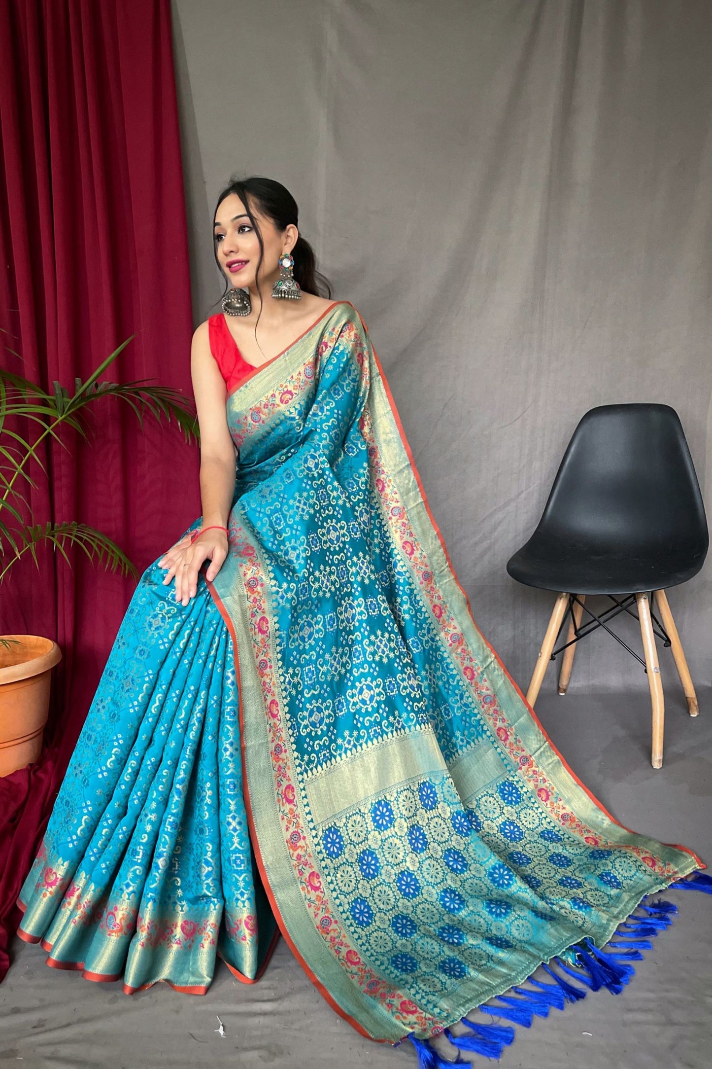 Ocean Blue Patola Silk Saree with Paithani Patola Fusion