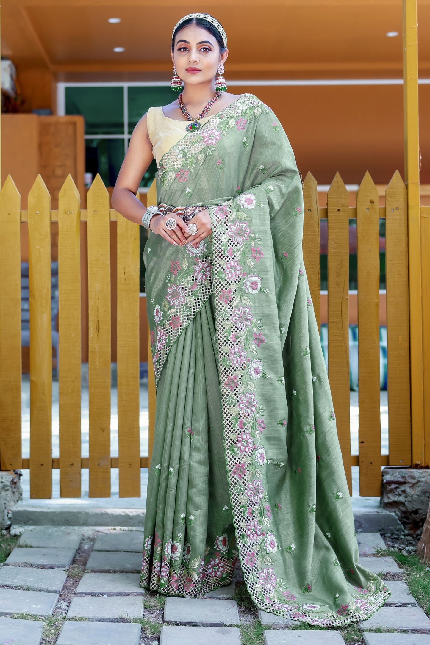 Mint Green Embroidered Pure Mark Silk Saree with Cutwork Border