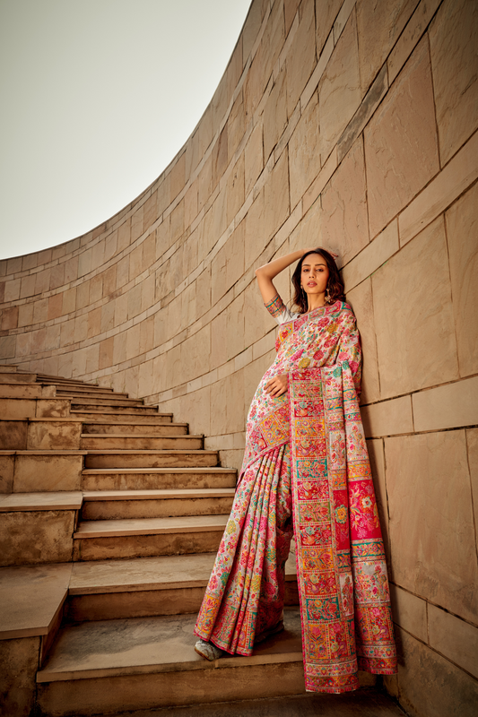 Beige white Kashmiri Soft Cotton Pashmina Silk Saree with Floral Print