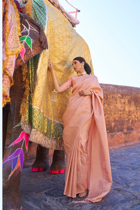 Salmon Peach Lavish Banarasi Handloom Silk Saree with Tassels Pallu