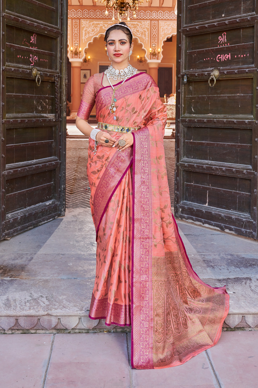 Peach Pink Banarasi Pure Satin Silk with Graceful Zari Work Border