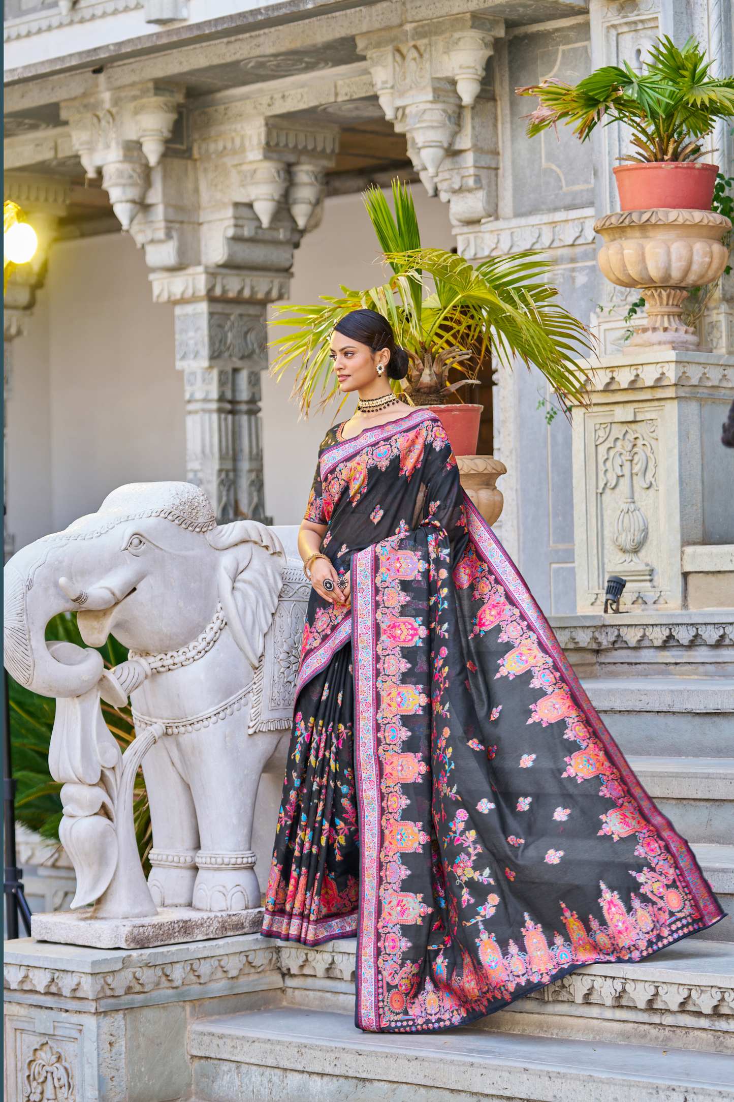 Black Cotton Pashmina Silk Saree with Floral Design