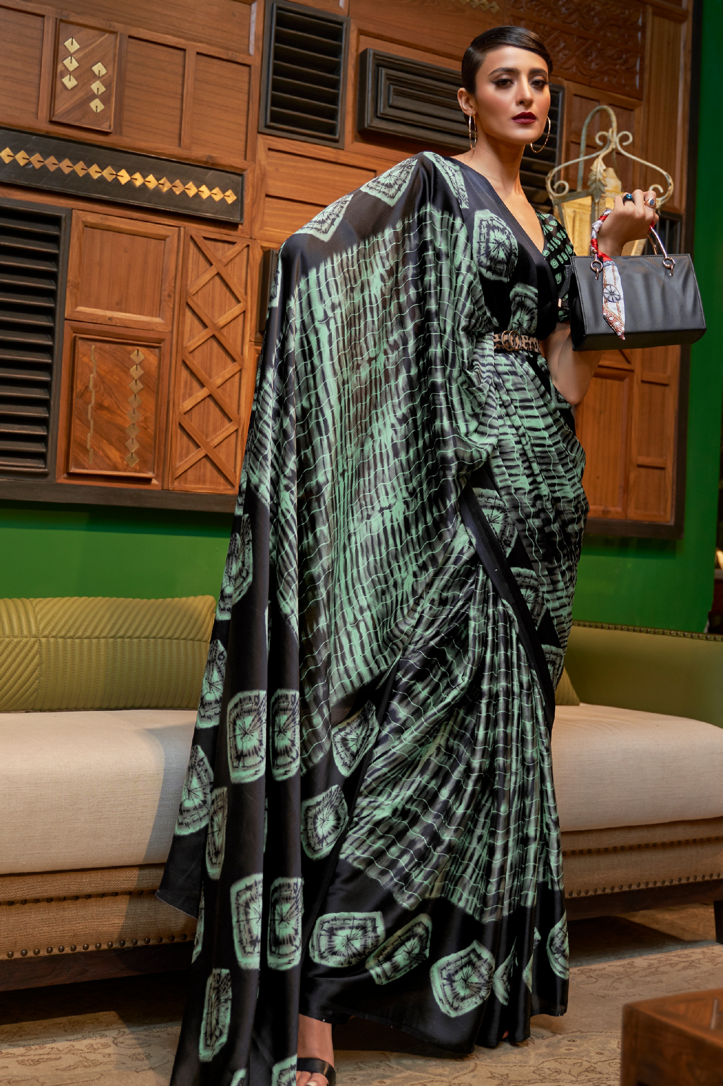 Black & Green Striped Printed Satin Crepe Saree