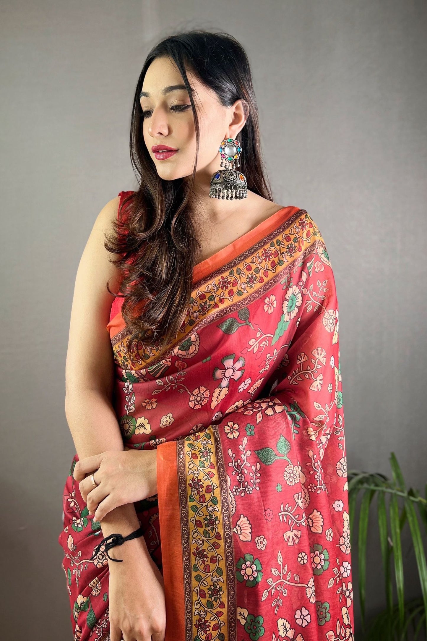 Maroon Kalamkari Printed Malai Cotton Saree