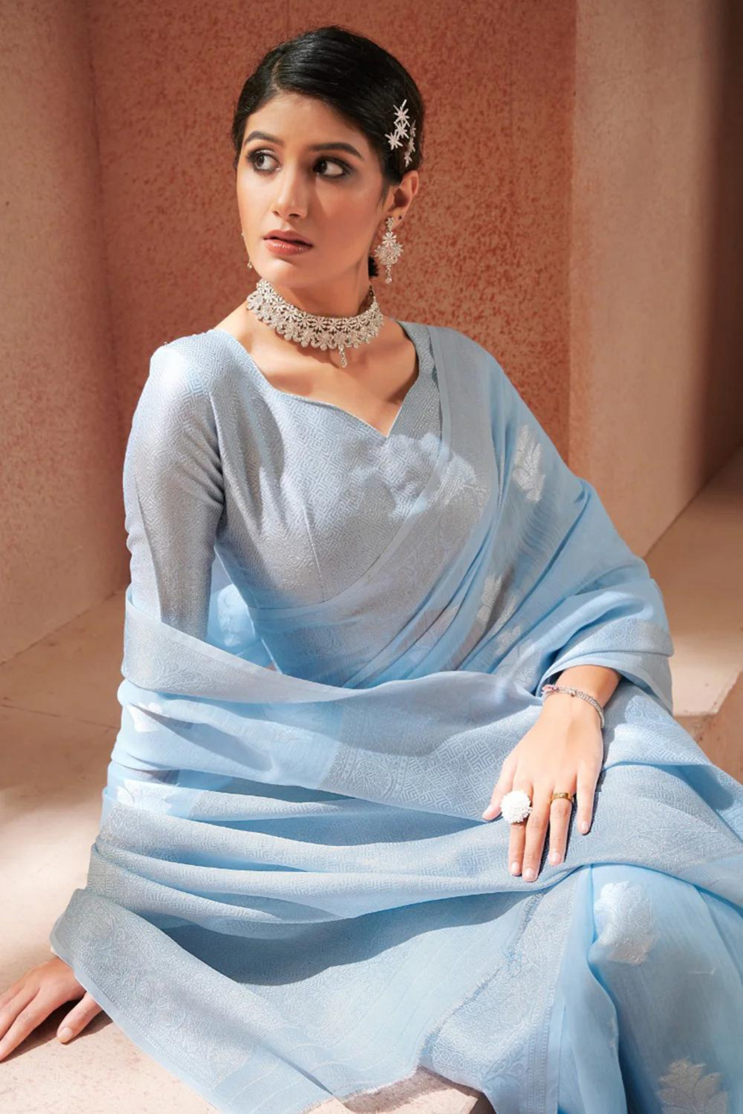 Aqua Blue Silk with Silver Zari Weaving Border