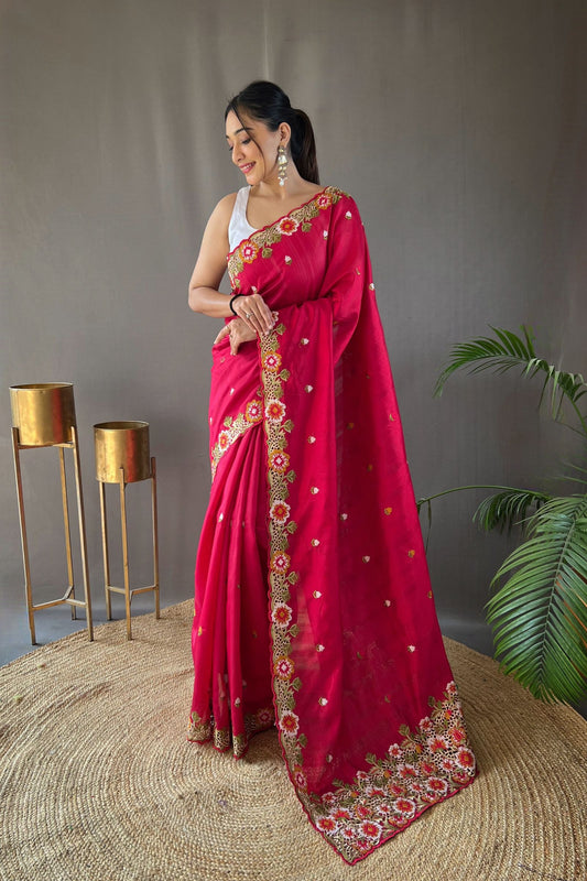 Hot Pink Embroidered Pure Tussar Silk Saree