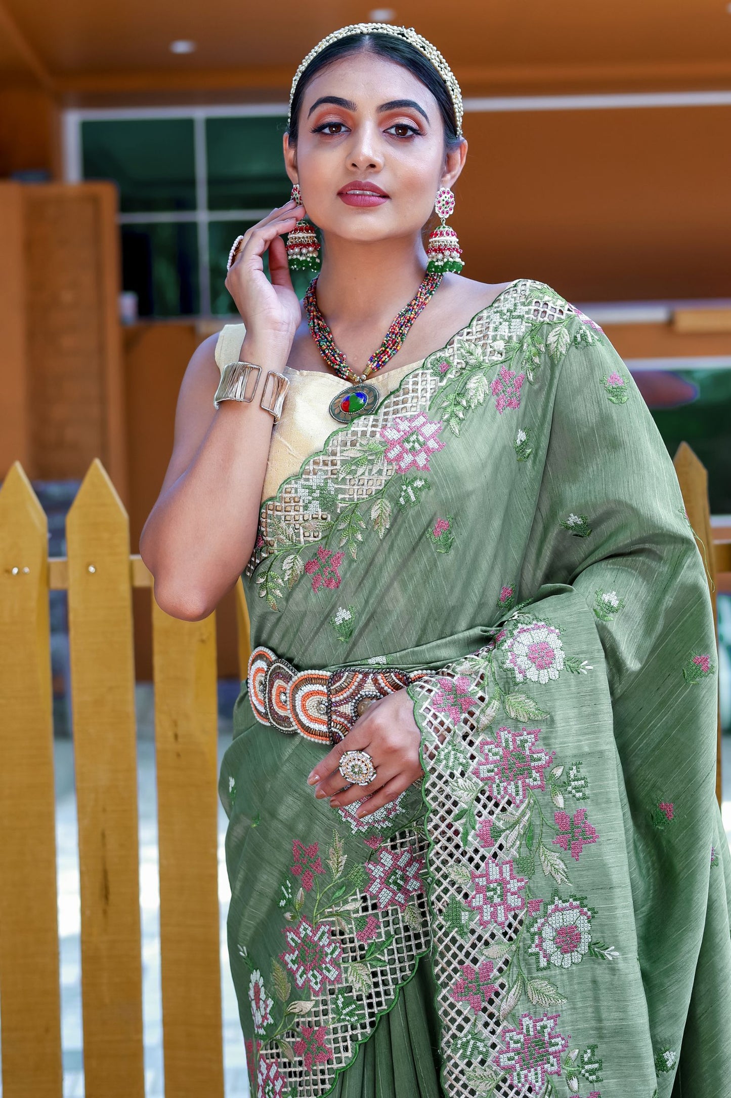 Mint Green Embroidered Pure Mark Silk Saree with Cutwork Border