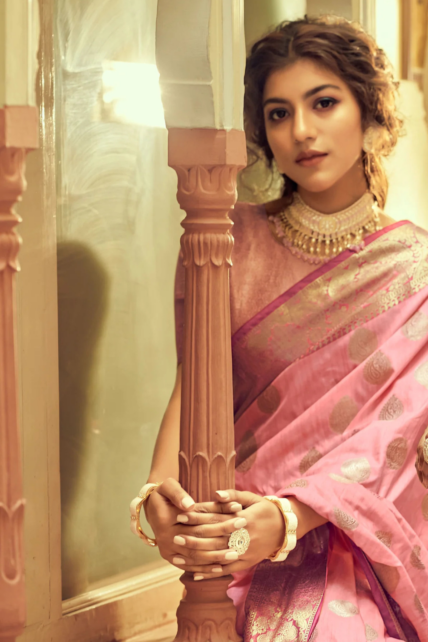 Flamingo Pink Posh Banarasi Katan Soft Silk Saree with Rich Zari Border