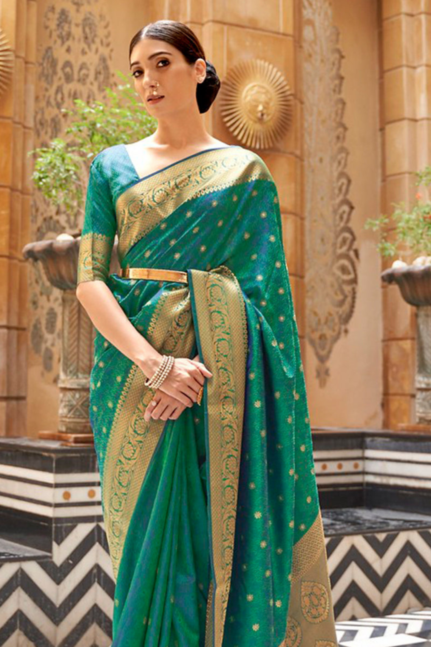 Peacock Green Pure Kanjivaram Soft Silk Saree with Zari Work