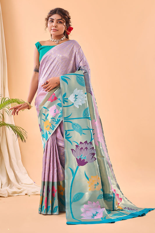 Lavender Paithani Silk Saree with Big Beautiful Border