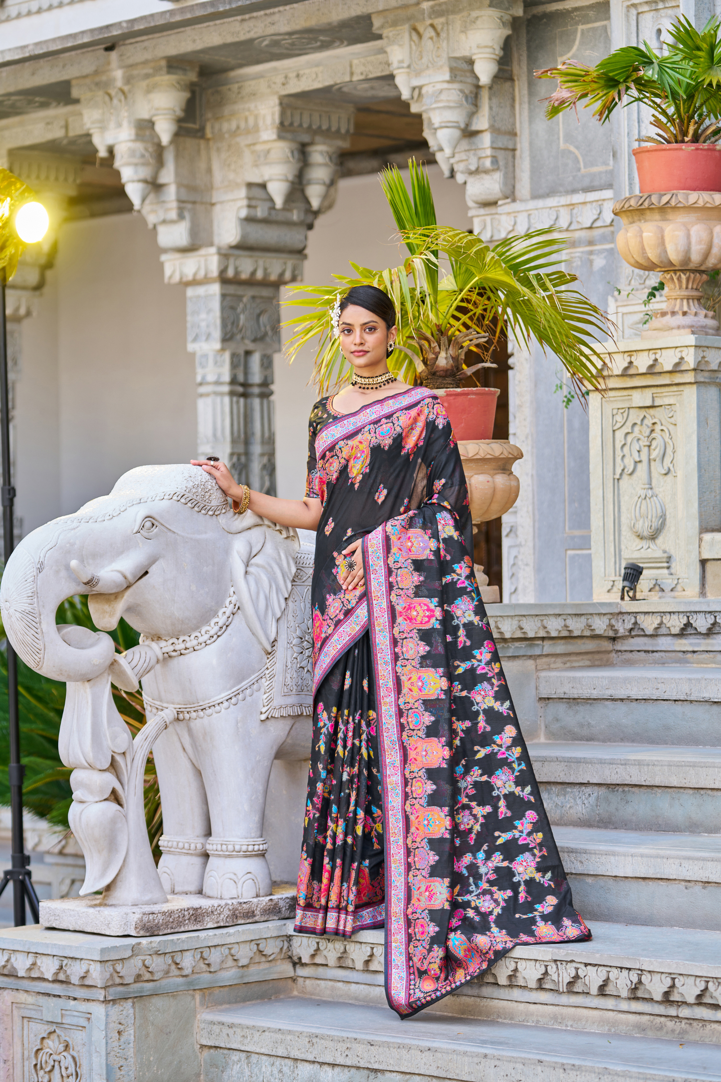 Black Cotton Pashmina Silk Saree with Floral Design