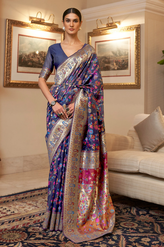 Navy Blue Cotton Silk Pashmina Sarees with Kashmiri Modal Weaving