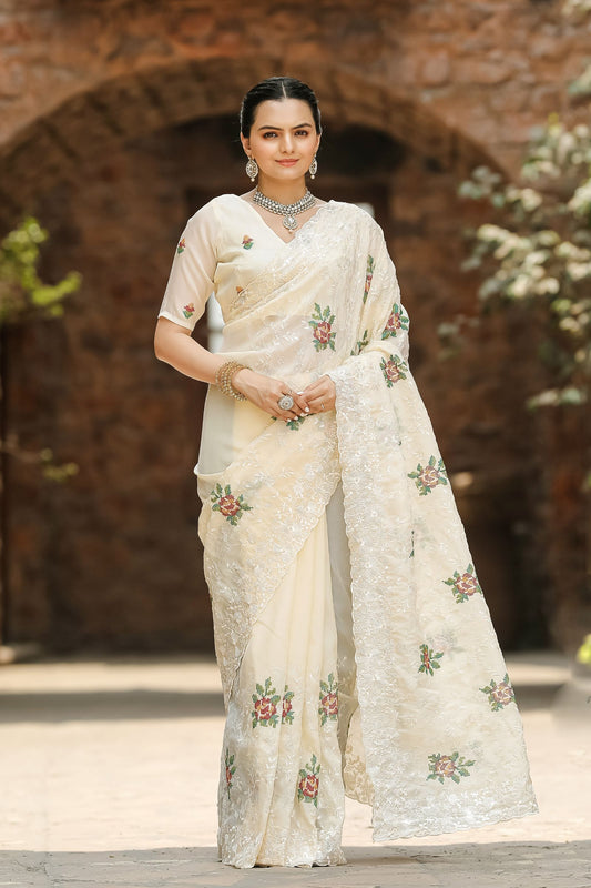 Ivory Chiffon Saree with Cross-Stitch Embroidery