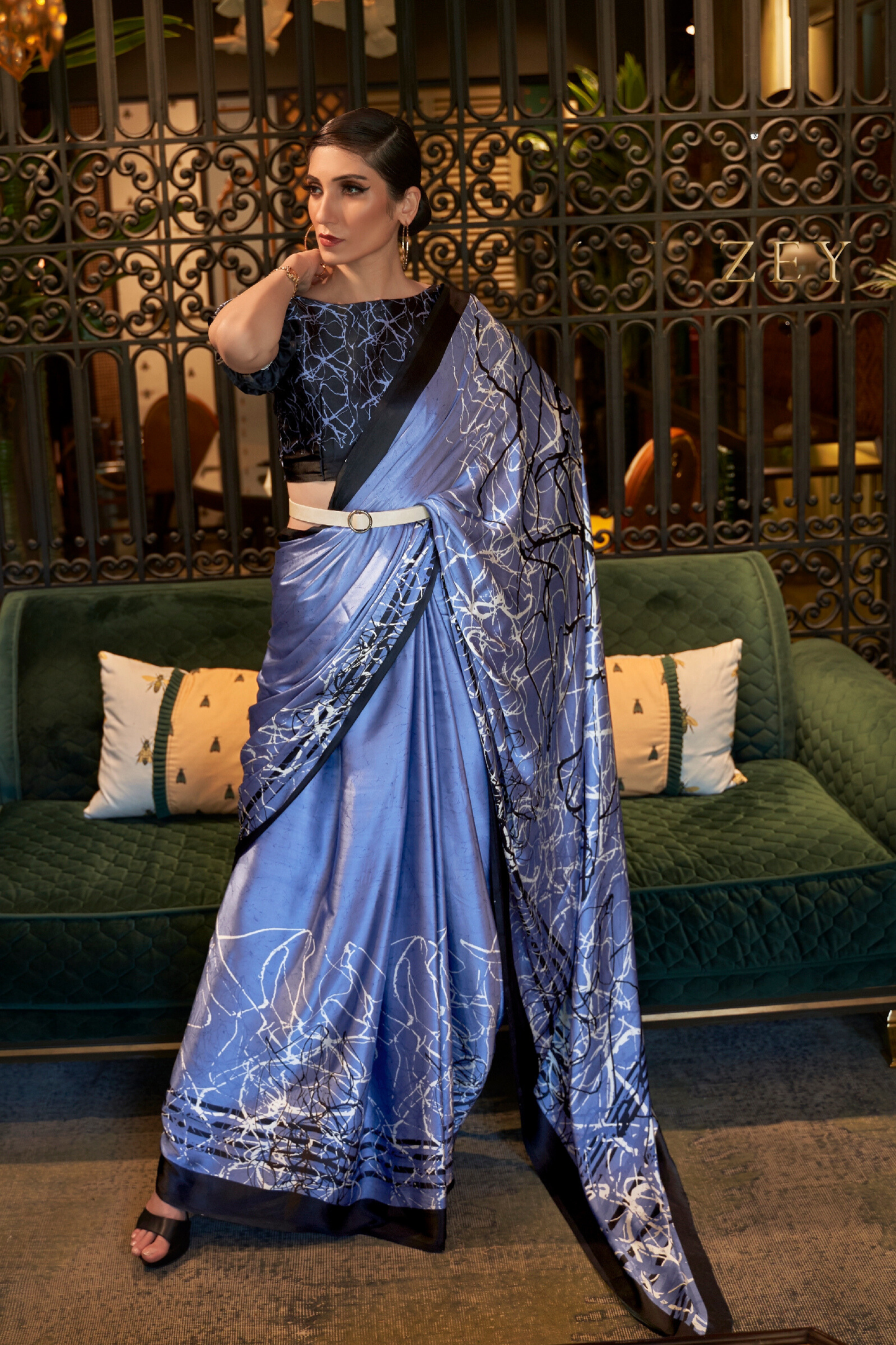 Lavender Blue Printed Satin Crepe Saree