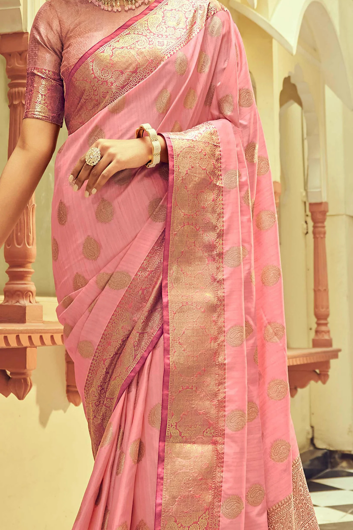 Flamingo Pink Posh Banarasi Katan Soft Silk Saree with Rich Zari Border