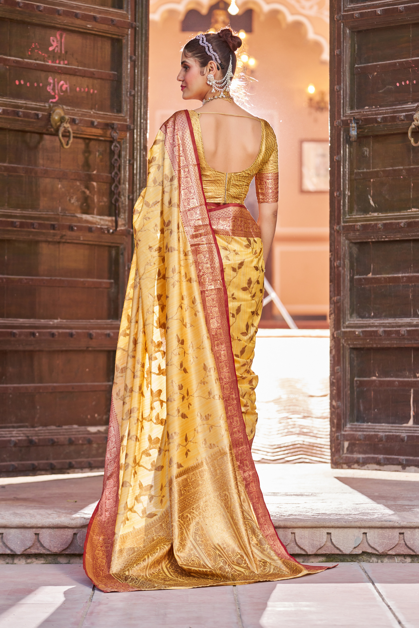 Yellow Banarasi Pure Satin Silk with Graceful Zari Work Border