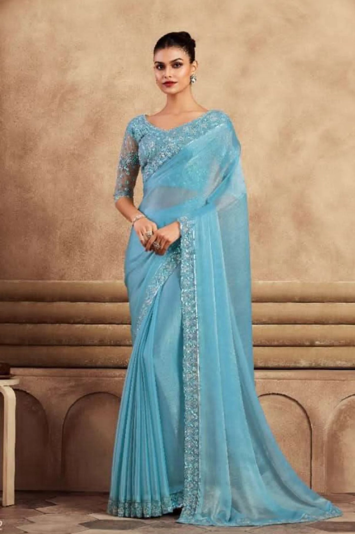 Sky Glass Feel Designer Chiffon Silk Saree With Fancy Work