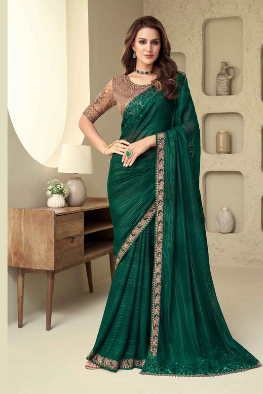 Dark Green Shimmer Silk Saree With Golden Embroidery Work