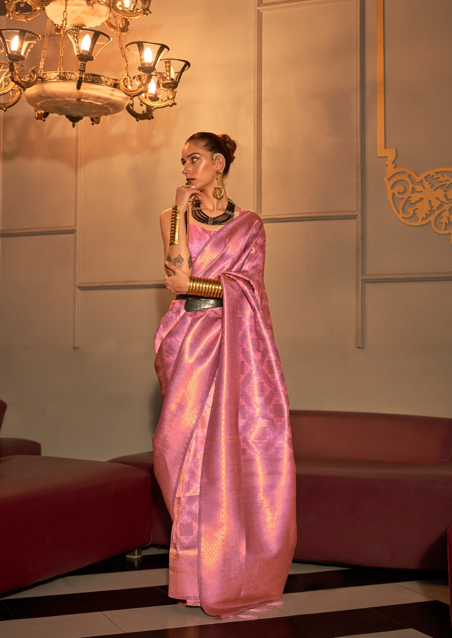 Pink Festive Rich Banarasi Soft Silk Saree with Shimmer Zari Work