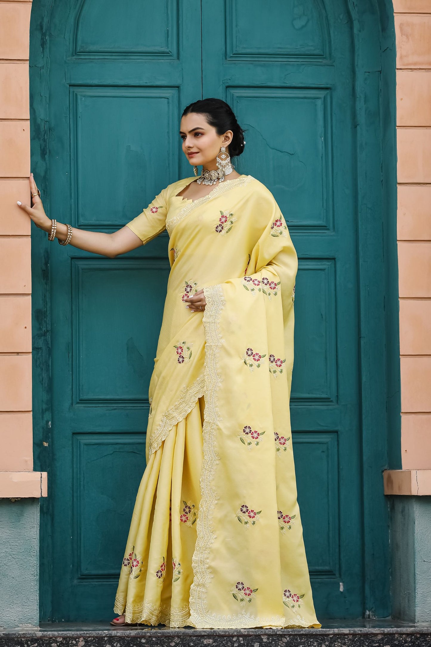 Light Yellow Floral Embroidered Tussar Cotton Saree