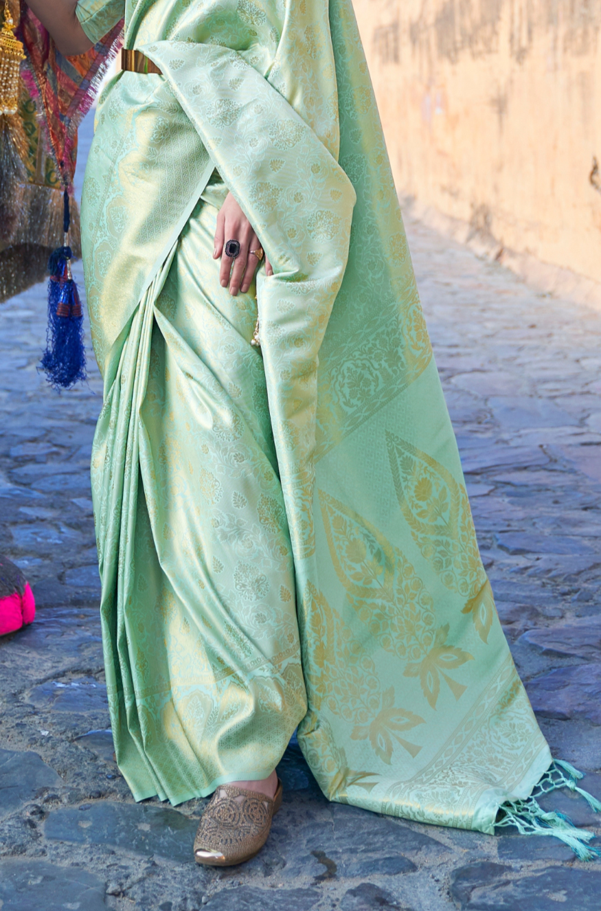 Pistachio Green Lavish Banarasi Handloom Silk Saree with Tassels Pallu