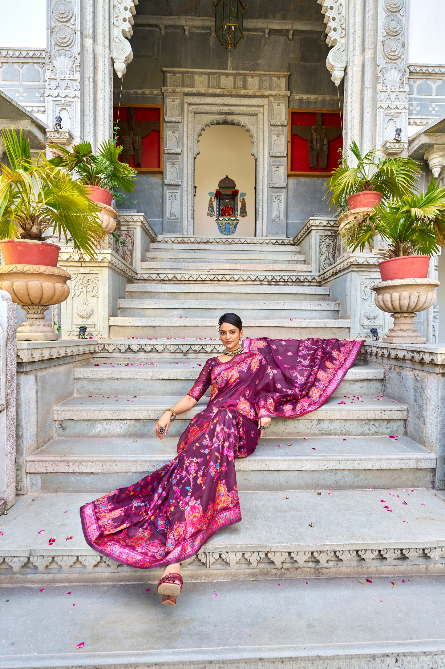 Magenta Cotton Pashmina Silk Saree with Floral Design