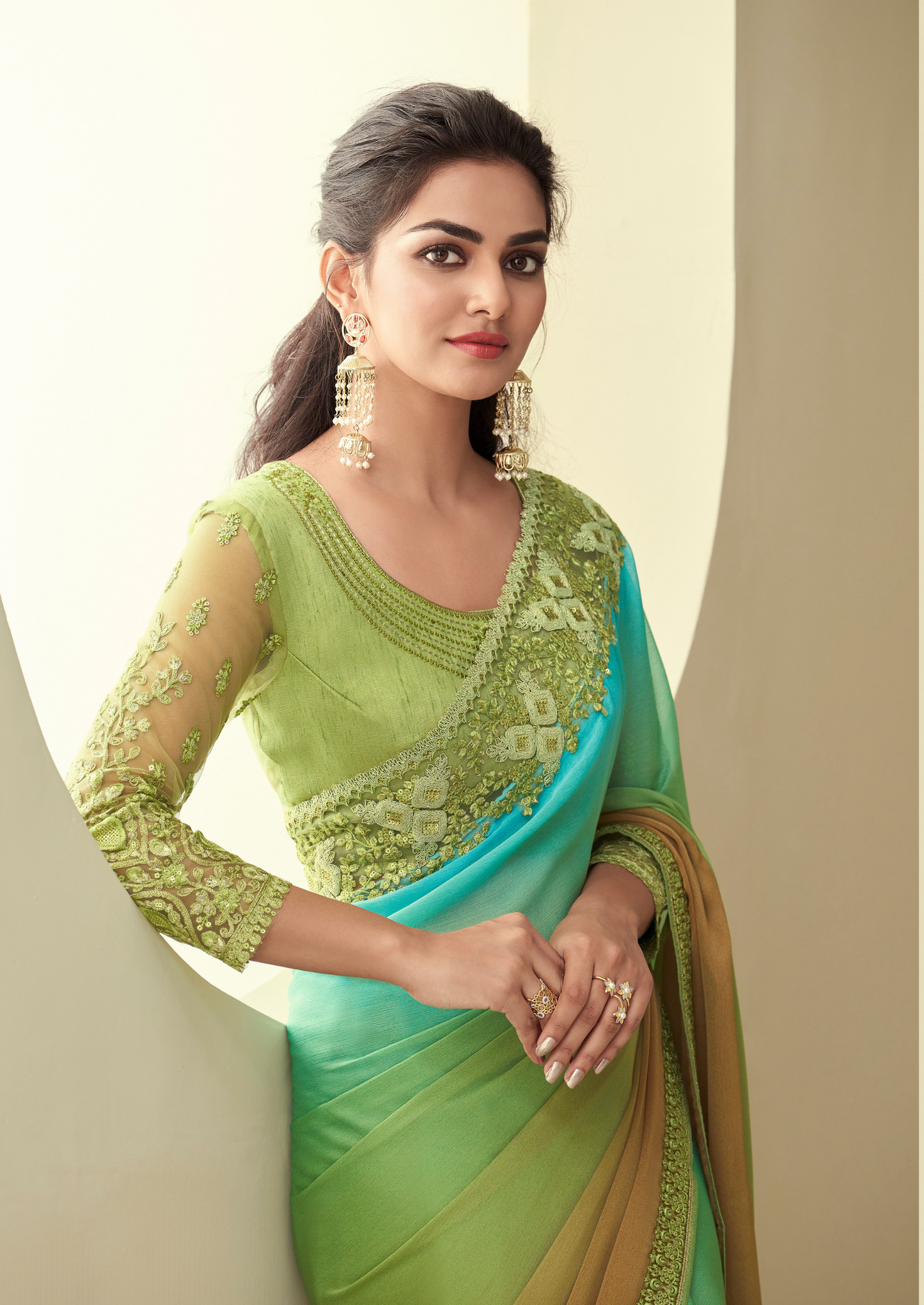 Pista Green Silk Saree With Embroidered Work