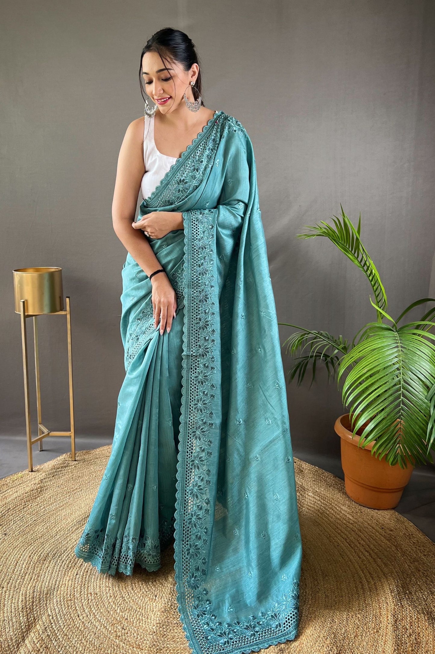 Sky Blue Matka Soft Silk Saree with Floral Cutwork Border