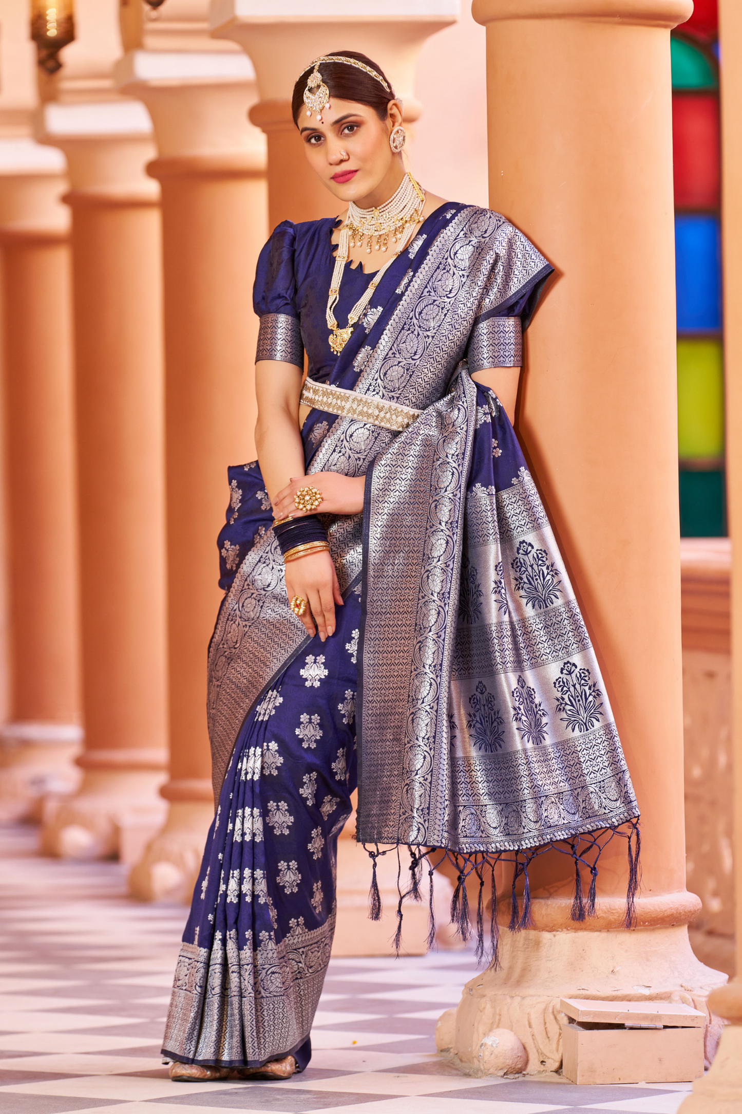 Indigo Blue Designer Banarasi Bland Soft Silk Saree with Zari Pallu