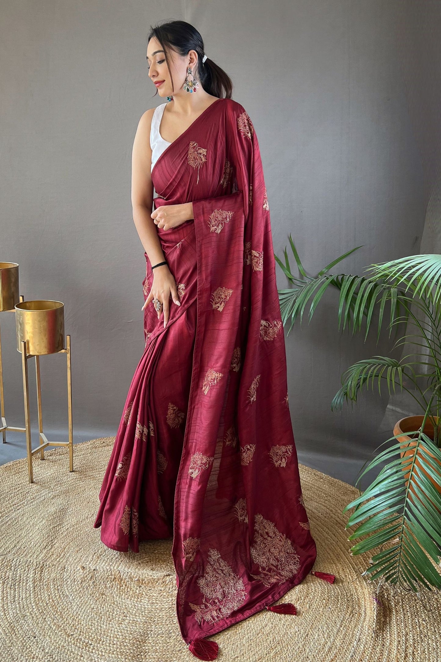 Beetroot Embroidered Art Silk Saree