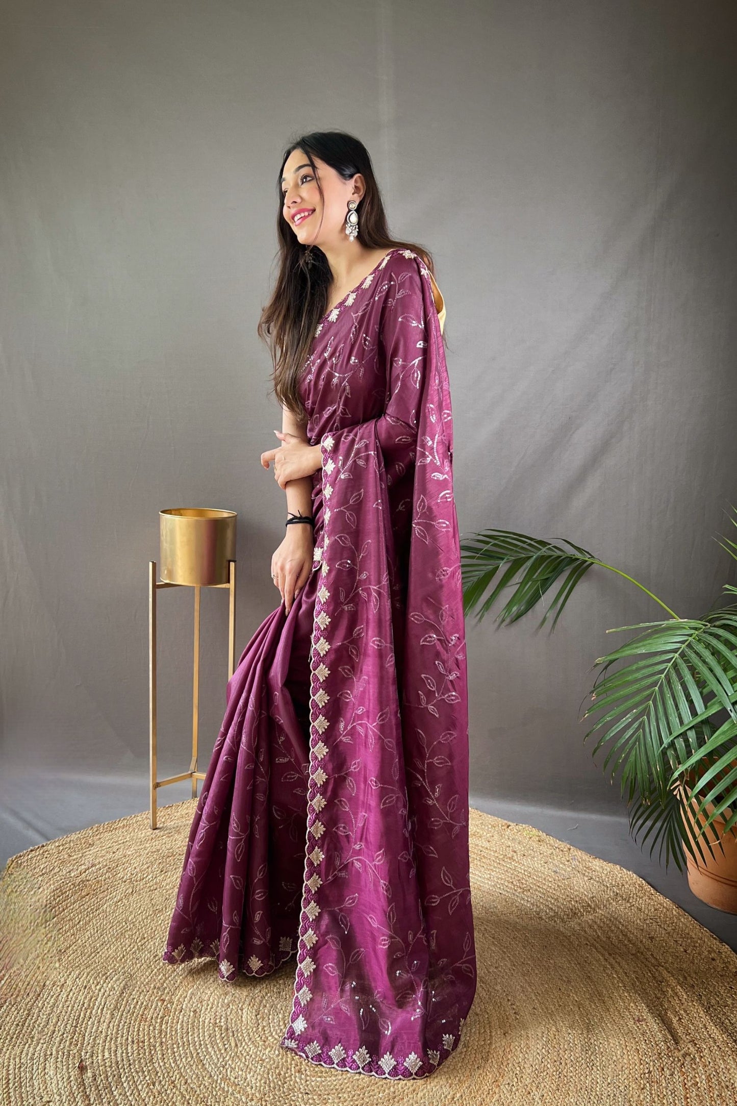 Wine Sequins Work Silk Saree with Embroidered Border