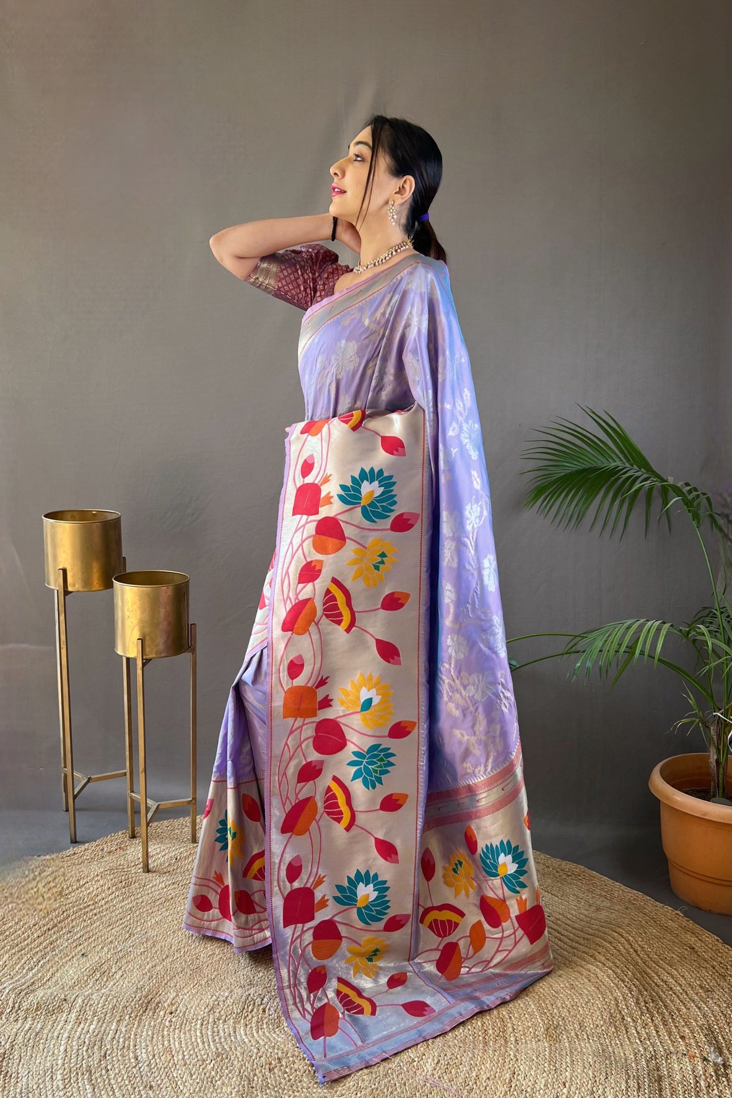 Lavender Soft Paithani Silk Saree with Traditional Patterns