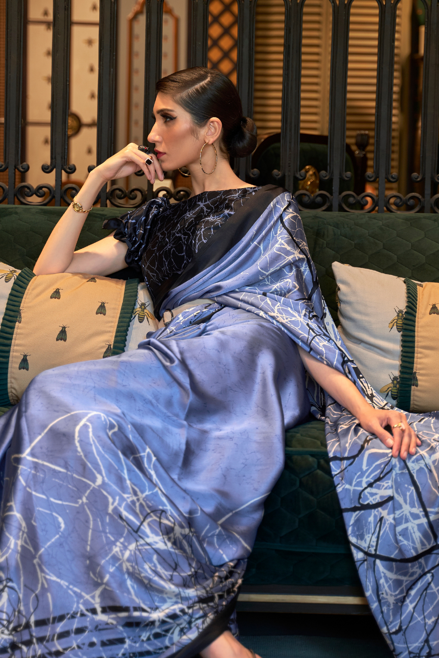 Lavender Blue Printed Satin Crepe Saree