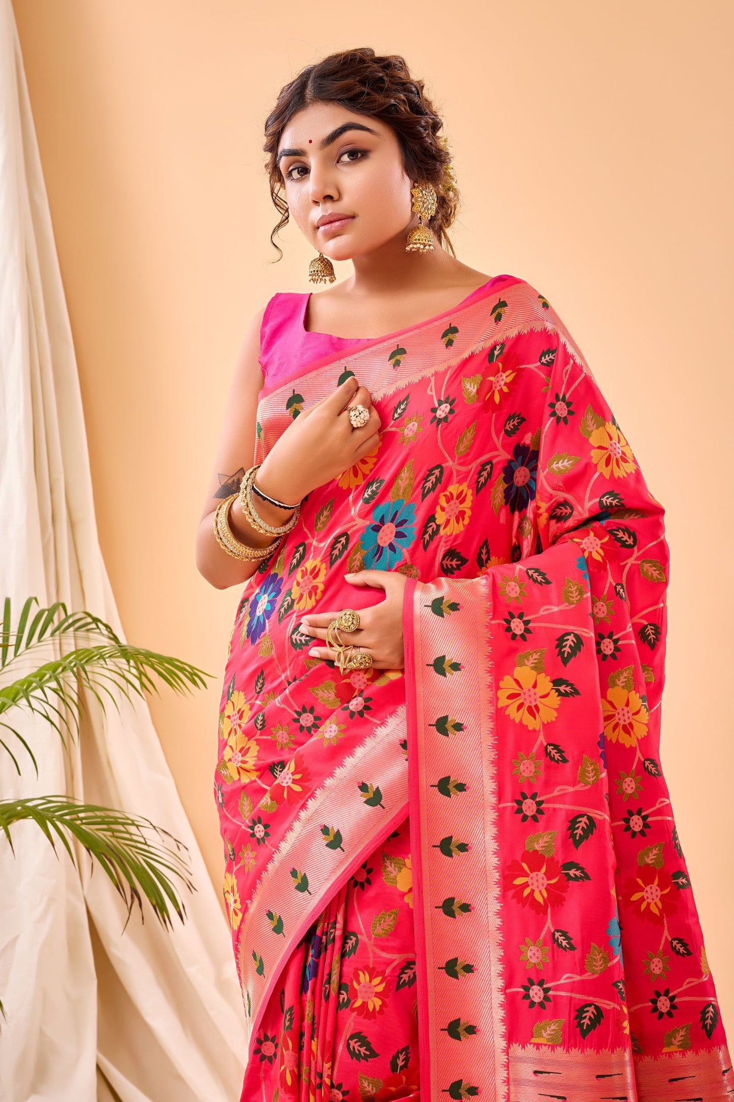 Peachish Pink Paithani Silk Saree with Royal Jaal Work